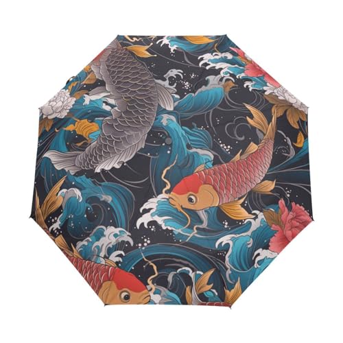 Retro Glücklicher Koi Fisch Regenschirm Taschenschirm Kinder Jungen Mädchen UV-Schutz Auf-Zu Automatik Umbrella Verstärkt Winddichte Zusammenklappbar von Niigeu