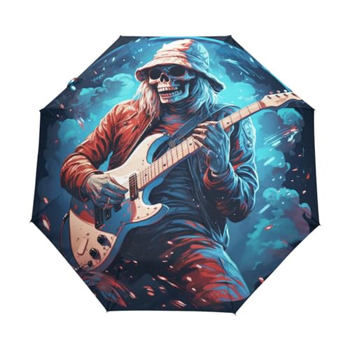 Skelett Schädel Gitarrenmusik Regenschirm Taschenschirm Kinder Jungen Mädchen UV-Schutz Auf-Zu Automatik Umbrella Verstärkt Winddichte Zusammenklappbar von Niigeu