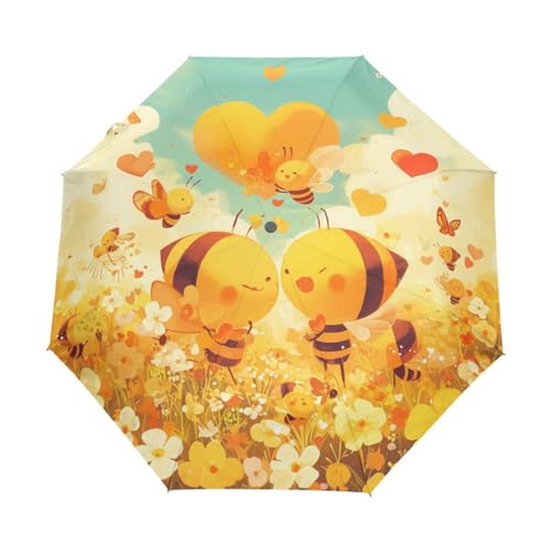 Valentinsherz Bienen Blume Regenschirm Taschenschirm Kinder Jungen Mädchen UV-Schutz Auf-Zu Automatik Umbrella Verstärkt Winddichte Zusammenklappbar von Niigeu