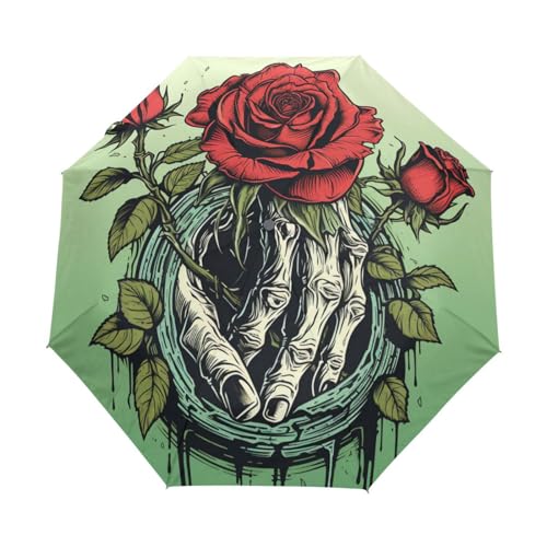 Valentinsrosenblumenskelett Regenschirm Taschenschirm Kinder Jungen Mädchen UV-Schutz Auf-Zu Automatik Umbrella Verstärkt Winddichte Zusammenklappbar von Niigeu