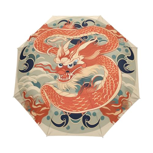 Vintager Drache Im Chinesischen Stil Regenschirm Taschenschirm Kinder Jungen Mädchen UV-Schutz Auf-Zu Automatik Umbrella Verstärkt Winddichte Zusammenklappbar von Niigeu