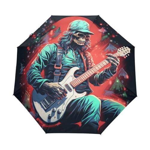 Weihnachtsschädel Gitarrenmusik Regenschirm Taschenschirm Kinder Jungen Mädchen UV-Schutz Auf-Zu Automatik Umbrella Verstärkt Winddichte Zusammenklappbar von Niigeu