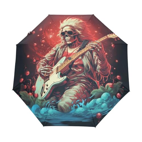 Weihnachtsskelett Totenkopfgitarre Regenschirm Taschenschirm Kinder Jungen Mädchen UV-Schutz Auf-Zu Automatik Umbrella Verstärkt Winddichte Zusammenklappbar von Niigeu