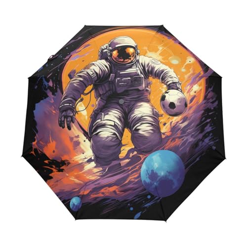 Weltraumastronaut Fußball Fußball Planeten Regenschirm Taschenschirm Kinder Jungen Mädchen UV-Schutz Auf-Zu Automatik Umbrella Verstärkt Winddichte Zusammenklappbar von Niigeu