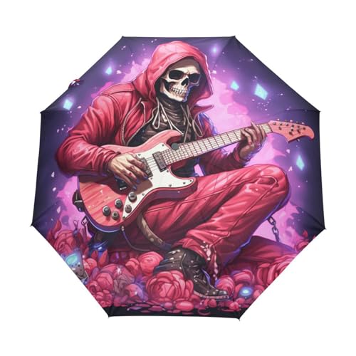 Zuckerskelett Rock Roll Gitarre Regenschirm Taschenschirm Kinder Jungen Mädchen UV-Schutz Auf-Zu Automatik Umbrella Verstärkt Winddichte Zusammenklappbar von Niigeu