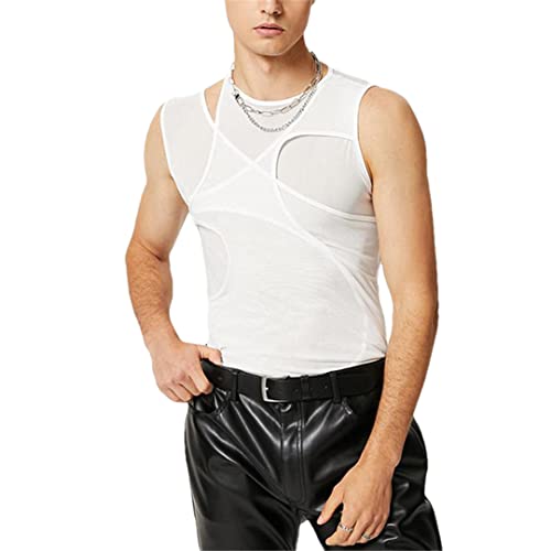 Herren Tank Tops Hollow Out Mesh Transparent Streetwear Solid Westen Sexy Party Nachtclub Tops von Niiyyjj