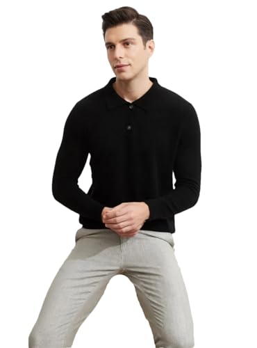 Niiyyjj 100% Kaschmir Polo Sweater Shirt Herren Polokragen Pullover Sweater Langarm Strickpullover, Schwarz , XX-Large von Niiyyjj