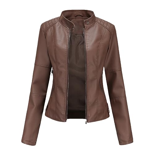 Niiyyjj Lederjacke Damen Moto Biker Reißverschlussjacke Rot Schwarz Aprikose Kaffee Mantel Damen Oberbekleidung Auburn L von Niiyyjj