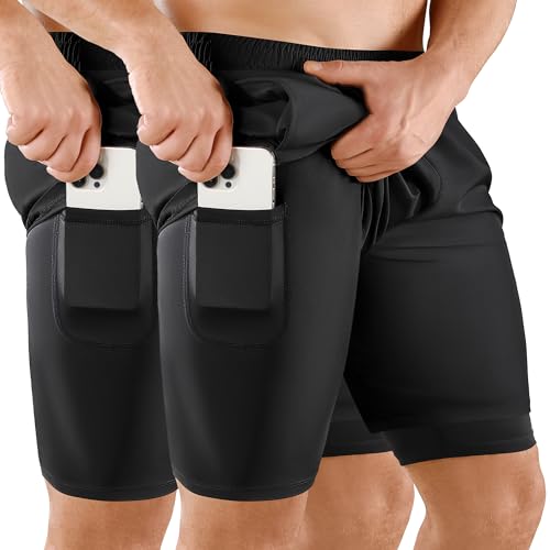 Niksa 2er Pack Herren 2 in 1 Shorts Schnelltrocknende Sporthose Herren Kurz 7" Atmungsaktiv Laufshorts mit Handytasche Sport Shorts, Schwarz, S von Niksa