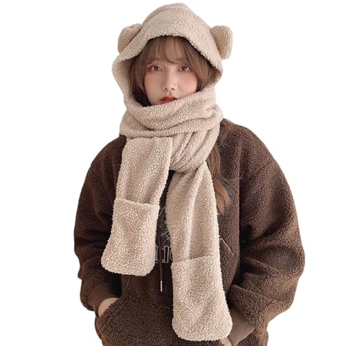 Women Hood Scarf Gloves Set,Kapuzenschal Für Frauen,Bear Hat,Women's Hooded Gloves Hat Scarf Set,Mützenschal Damen,Woolen Hat Mit Süßem Cartoon-Bär-Ohren, Winter Cartoon Animal Hoods von Niktule