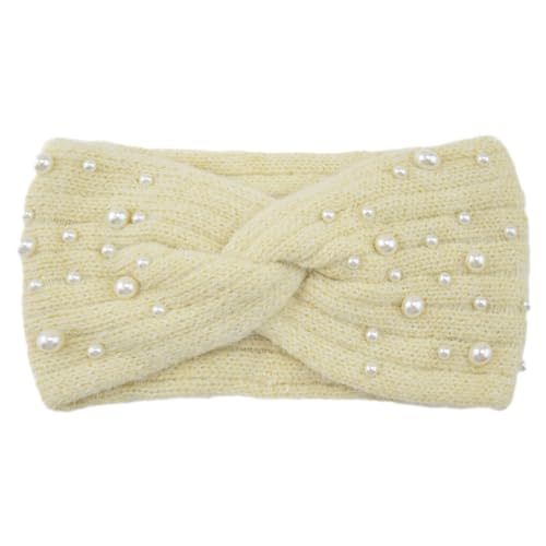 Nilioyul Bleiben Sie warm mit dem Ohrenwärmer Winter Stirnband, verstellbar, atmungsaktiv und leicht, aus gestricktem Perlen Stirnband aus Polyester für Damen, Beige von Nilioyul