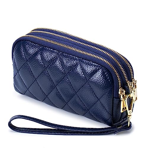 Nilioyul Mode Frauen Geldbörsen mit Handschlaufe Einfarbig PU Langes Design Kartenhalter Multi Karten Geldbörse Große Kapazität Münzschlüssel Tasche, Dunkelblau von Nilioyul