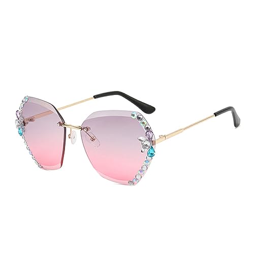 Nilioyul Strass Sonnenbrille für Damen – stilvolle UV 400 Schutz Sonnenbrille, PC, rahmenlos, modisch, Vintage, rundes Gesicht, Graurosa von Nilioyul