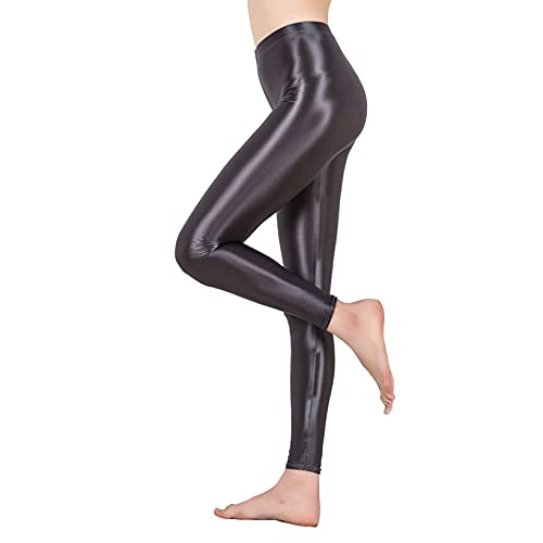 Nimiya Damen Öl Leggings Hose Glanz Glossy Glänzende Strumpfhosen Yogahose Sporthose Gym Yoga Clubwear Tanz Gogo B Grau M von Nimiya