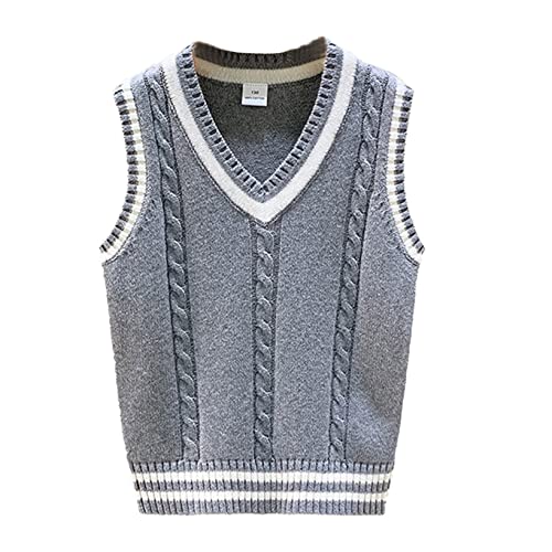 Nimiya Kinder Jungen Strickweste V-Ausschnitt Pullunder Comfort Fit Baumwolle Weste Top Ärmellos Sweatshirt Kleinkind Outfit Schuluniform Freizeit Party Gr. 86-140 A Grau 122-128 von Nimiya