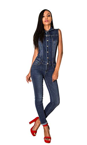 Nina Carter Art. S336 Damen Ärmelloser Jeansoverall Jumpsuit Skinny Fit Denim-Overall (Dunkelblau, L) von Nina Carter