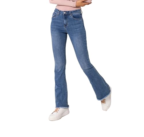 Nina Carter Damen Bootcut Jeans Mid Waist Stretchjeans Flared Jeanshosen Used-Look Schlaghosen, Blau (P218-5), L von Nina Carter