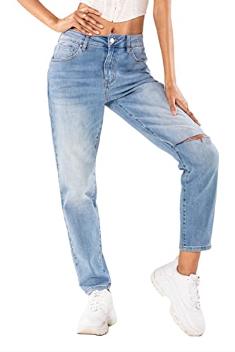 Nina Carter Damen Boyfriend Jeanshosen High Waist MOM Jeans Cutted Knee Used-Look Waschungseffekt, Blau (Q1886-1), XS von Nina Carter