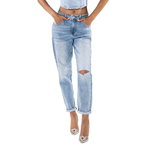 Nina Carter Damen Boyfriend Jeanshosen High Waist MOM Jeans Cutted Knee Used-Look Waschungseffekt, Hellblau (Q1886-2), XS von Nina Carter