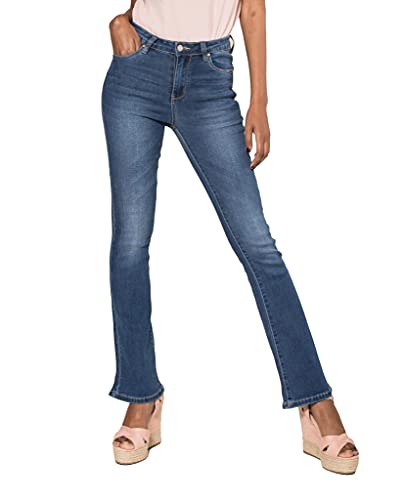 Nina Carter P079 Damen Jeanshosen Flared Bootcut Zip Used Look Ausgestellte Jeans Schlaghosen (Blau (P079-1), L) von Nina Carter