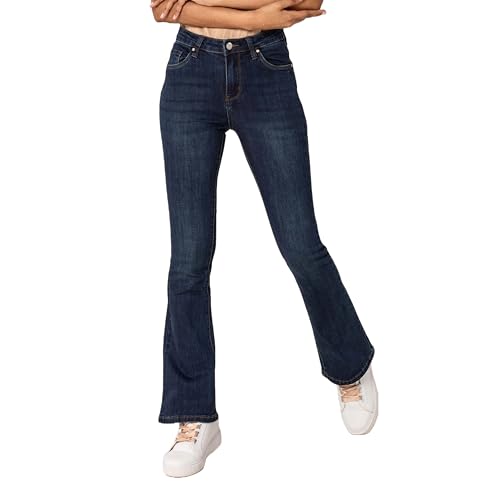 Nina Carter P079 Damen Jeanshosen Flared Bootcut Zip Used Look Ausgestellte Jeans Schlaghosen (Dunkelblau (P079-2B), L) von Nina Carter