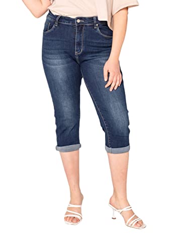 Nina Carter P200 Damen Capri Jeanshosen Große Größen HIGH Waist Jeans Sommer Hose Used-Look (44, Dunkelblau (P200-1)) von Nina Carter