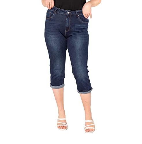 Nina Carter P200 Damen Capri Jeanshosen Große Größen HIGH Waist Jeans Sommer Hose Used-Look (44, Dunkelblau (P200-2)) von Nina Carter