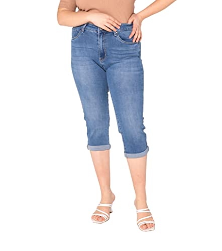 Nina Carter P200 Damen Capri Jeanshosen Große Größen HIGH Waist Jeans Sommer Hose Used-Look (46, Blau (P200-5)) von Nina Carter