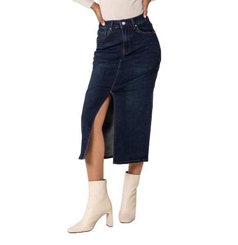 Nina Carter P215 Damen High Waist Wadenlanger Jeansrock mit Vorderem Schlitz Langer Rock Reißverschluss Stretch Used-Look, Dunkelblau (P215-2), M von Nina Carter