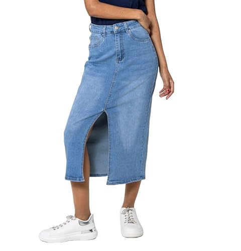 Nina Carter P215 Damen High Waist Wadenlanger Jeansrock mit Vorderem Schlitz Langer Rock Reißverschluss Stretch Used-Look, Hellblau (P215-6), XL von Nina Carter