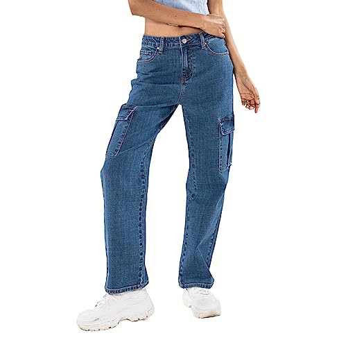 Nina Carter Q1888 Damen Cargo Jeans High Waist Cargohose Stretch Straight Leg Hose, Blau (Q1888), S von Nina Carter