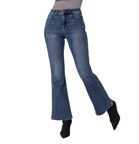Nina Carter Q1897 Damen Bootcut Jeans HIGH Waist Stretchjeans Flared Jeanshosen Used-Look Schlaghosen, Blau (Q1897), XL von Nina Carter
