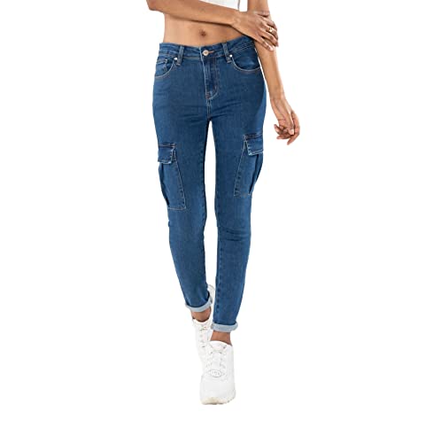 Nina Carter S353 Damen Cargohosen Skinny Fit Jeanshosen Cargo Jeans Stretchjeans Cargojeans Used Look, Blau (Q1887), L von Nina Carter