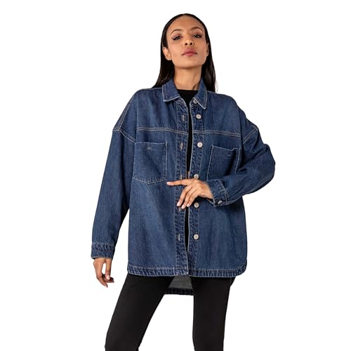 Nina Carter S539 Damen Oversized Jeanshemd Leichte Jeansjacke Übergangsjacke Hemdjacken mit Waschungseffekt Used Look Casual (DE/NL/SE/PL, Alphanumerisch, S, Regular, Regular, Blau (S551)) von Nina Carter