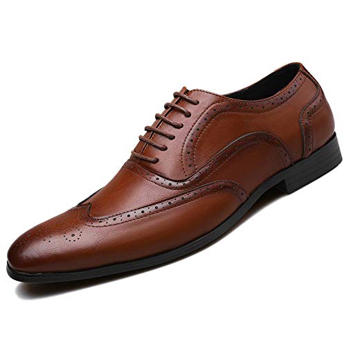 Ninepointninetynine Dress Oxford for Men Lace Up Square Toe Burnished Toe Brogue Wing Tip Oxford Shoes Slip Resistant Low Top Anti-Slip Rubber Sole Non Slip Prom(Color:Braun,Size:38 EU) von Ninepointninetynine