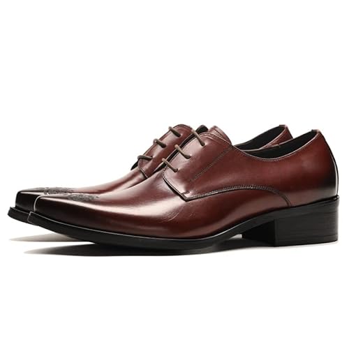 Ninepointninetynine Formelle Oxford-Schuhe für Herren, Schnürschuhe, spitzer Zehenbereich, einfarbig, brünierte Zehen, echtes Leder mit Blockabsatz, Blockabsatz, Gummisohle, rutschfest, niedriges von Ninepointninetynine