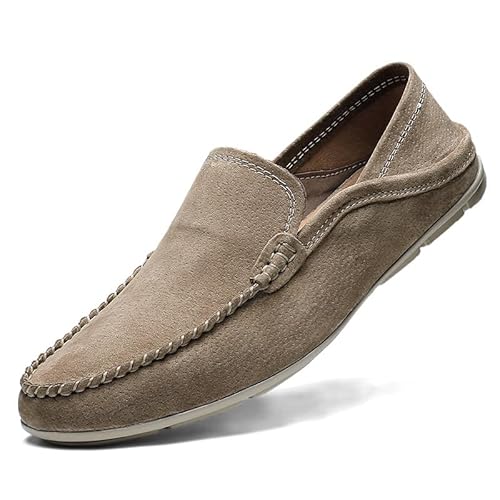 Ninepointninetynine Herren-Loafer-Schuhe, einfarbig, runde Zehenpartie, Wildleder, Vamp-Loafer-Schuhe, bequem, rutschfest, Flacher Absatz, Klassische Slip-on-Schuhe (Color : Khaki, Size : 38 EU) von Ninepointninetynine