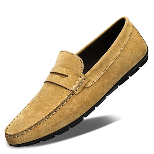 Ninepointninetynine Herren-Loafer, runde Zehenpartie, einfarbig, Wildleder, Penny-Loafer, rutschfest, leicht, Flacher Absatz, lässige modische Slip-Ons(Color:Khaki,Size:39 EU) von Ninepointninetynine