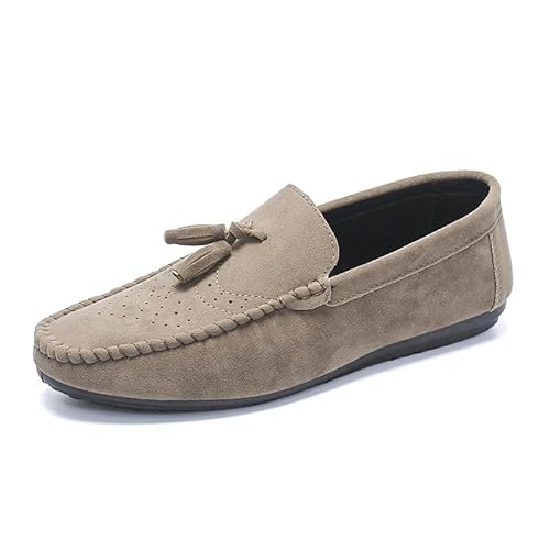 Ninepointninetynine Herren-Slipper mit runder Zehenpartie, Nubukleder mit Quaste, Loafer, flacher Absatz, leicht, flexibel, Party-Slipper, khaki, 40 2/3 EU von Ninepointninetynine