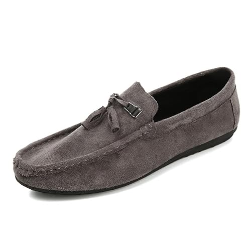 Ninepointninetynine Herren-Slipper mit runder Zehenpartie, Wildleder, Vamp mit Quaste, Loafer, flacher Absatz, rutschfest, flexibel, klassischer Abschlussball, Grau, 39 2/3 EU von Ninepointninetynine