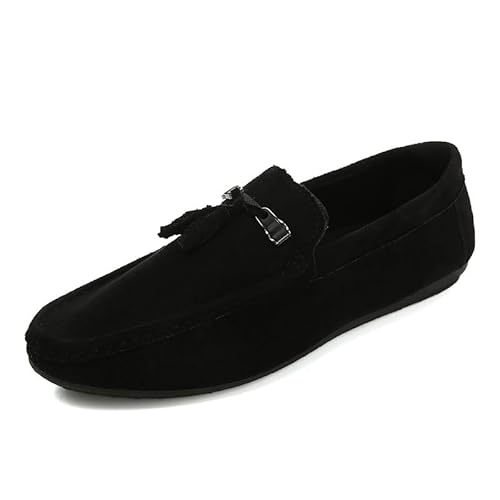 Ninepointninetynine Herren-Slipper mit runder Zehenpartie, Wildleder, Vamp mit Quaste, Loafer, flacher Absatz, rutschfest, flexibel, klassischer Abschlussball, Schwarz , 39 1/3 EU von Ninepointninetynine