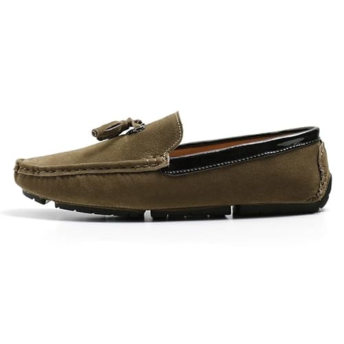 Ninepointninetynine Herren-Slipper mit runder Zehenpartie, veganes Wildleder, mit Quaste, rutschfest, flexibel, flacher Absatz, Abschlussball, Hochzeit, Slipper, khaki, 39 1/3 EU von Ninepointninetynine