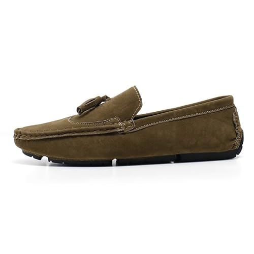 Ninepointninetynine Loafer für Herren, quadratischer Zehenbereich, Flügelspitzen, Wildleder, veganes Leder mit Quaste, bequem, flexibel, flacher Absatz, modischer Slipper, khaki, 39 1/3 EU von Ninepointninetynine