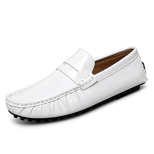 Ninepointninetynine Loafer für Herren, runde Zehenpartie, Leder, flache Ferse, rutschfest, leicht, Hochzeits-Slip-Ons, weiß, 44 EU von Ninepointninetynine