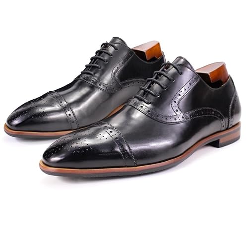 Ninepointninetynine Oxford Schuhe für Herren, Schnürschuh, Zehenkappe, brünierte Zehe, echtes Leder, niedriges Oberteil, rutschfest, Blockabsatz, rutschfest, klassisch, Schwarz , 41 1/3 EU von Ninepointninetynine