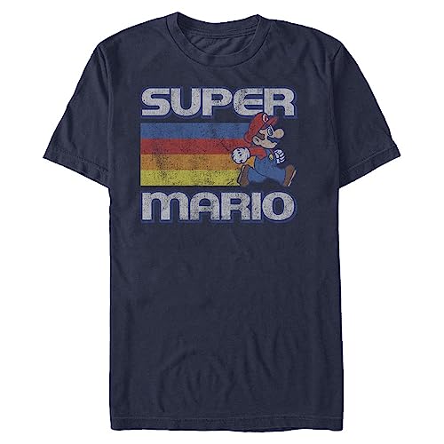 Nintendo Herren Super Mario Running Retro Stripe T-Shirt, Marineblau, Klein von Nintendo