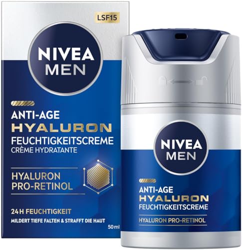 NIVEA MEN Anti-Age Hyaluron Feuchtigkeitscreme, Gesichtspflege mit Hyaluron, Pro-Retinol und LSF 15, Gesichtscreme für 24h Feuchtigkeit und sichtbare Faltenmilderung (50 ml) von Nivea Men