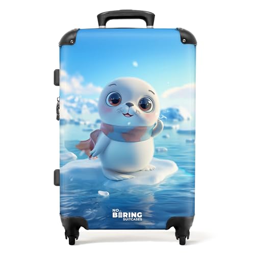 NoBoringSuitcases.com © Kinderkoffer Koffer Kinder Reisekoffer Kindergepäck 4 Rollen, TSA Schloss (Weißer Seehund mit Schal auf Einer Eisscholle), (Mittelgroß 67x43x25 cm) von NoBoringSuitcases.com