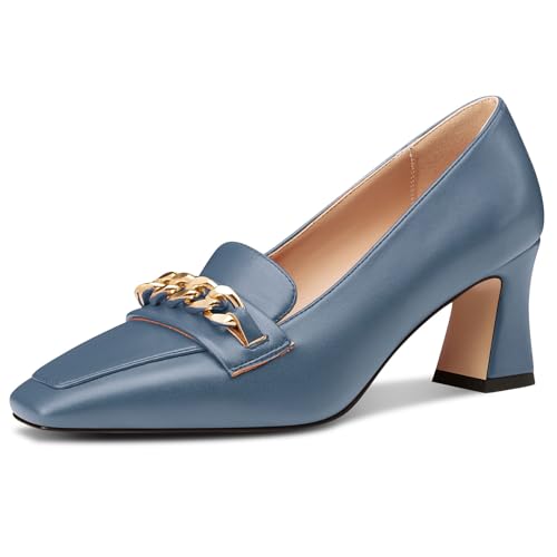 NobleOnly Damen Chunky Blockabsatz Absatz Heel Geschlossene Eckige Zehenkappe Loafers Schuhe Slip-on Pumps Metall Kette Lässig Schuhe 7 cm Heels Denim Blau 35 EU von NobleOnly