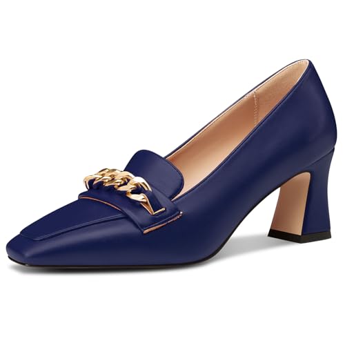 NobleOnly Damen Chunky Blockabsatz Absatz Heel Geschlossene Eckige Zehenkappe Loafers Schuhe Slip-on Pumps Metall Kette Lässig Schuhe 7 cm Heels Marineblau 38 EU von NobleOnly